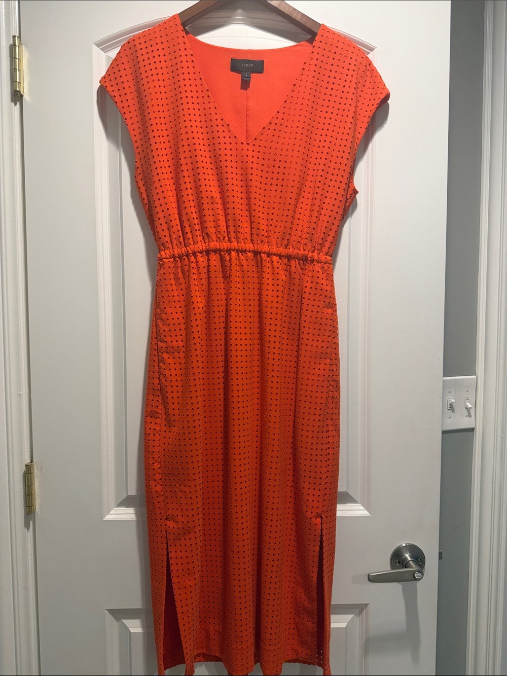 J Crew - Poppy A-Line Laser Cut Midi Dress -V Neck Side Slits- Pockets- size 4